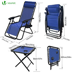 Vounot Lot de 2 Chaise longue inclinable en textilene avec table d'appoint porte gobelet et portable bleu pas cher