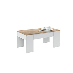 Alter Table basse avec plateau relevable et rangements, coloris blanc et chêne, 100 x 45 x 50 cm (hauteur réglable de 45 à 56 cm).