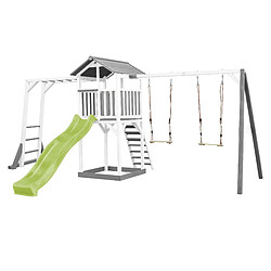 AXI Beach Tower Aire de Jeux avec Toboggan en VERT Clair, Cadre d'escalade, 2 Balançoires & Bac à Sable | Grande Maison Enfant extérieur en Gris & BLANC | Cabane de Jeu en Bois FSC