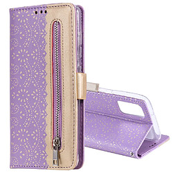 Etui en PU poche zippée en dentelle motif fleur violet pour votre Samsung Galaxy S20 Plus