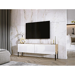 3XELIVING Meuble TV en couleur Chêne wotan / Blanc Brillant avec pieds droits en noir, D: l : 140 cm, H : 52 cm, P : 32 cm