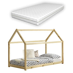 Lit Cabane Forme Maison Netstal avec Matelas Orthopédique 140 x 70 cm Naturel [en.casa]