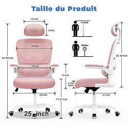 Chaise de Bureau avec Support Lombaire, fauteuil de bureau à Dossier Haut Respirant avec Accoudoir, Rattantree chaise de bureau ergonomique, Dossier et Appui-tête Réglables, Rose