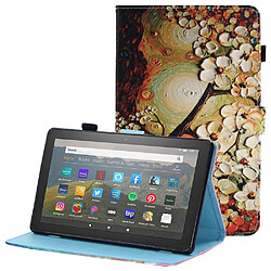 Etui en PU anti-chute, antichoc, fermeture magnétique avec support et porte-cartes pour Amazon Fire HD 8 (2016)/(2017)/(2018) - fleur de prunier