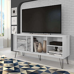 Pegane Meuble TV en bois avec 1 porte coloris blanc - longueur 136 x profondeur 36 x hauteur 46 cm