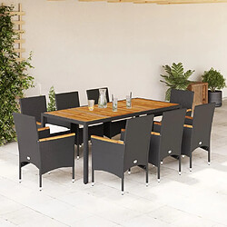 vidaXL Ensemble à manger de jardin et coussins 9 pcs noir rotin acacia