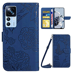 Etui en PU motif papillons et fleurs avec support et sangle pour votre Xiaomi 12T 5G/12T Pro 5G - bleu