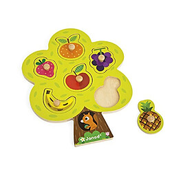 Janod 6Piece Fruit Tree Puzzle Themed Wooden Peg Colorful Jigsaw Puzzle - Encourages Shape Recognition Dexterity & Language Development - Preschool Kids & Toddlers 18 Months+