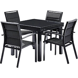 Wilsa Garden Ensemble MODULO 4/8p en aluminium noir et verre trempé modulable et 4 fauteuils aluminium et assise textilène