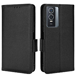 Etui en PU texture litchi, double fermoir avec support, noir pour votre Vivo Y76 5G/Y76s 5G