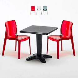 Table et 2 chaises colorées polycarbonate extérieurs Grand Soleil Caffè, Chaises Modèle: Femme Fatale Rouge transparent, Couleur de la table: Noir