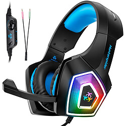 V1 Casque de jeu pour PS4, Xbox One, PC, Contrôleur, Casque avec micro pour atténuation du bruit, LED bleu