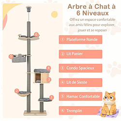 Helloshop26 Arbre à chat à 6 niveaux hauteur réglable de 255 à 280 cm tour pour chat avec condo hamac poteaux à gratter tremplin plate-forme naturel 20_0007675 pas cher