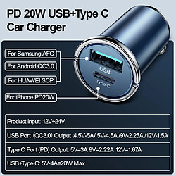 Universal Chargeur de voiture de 20W Chargeur rapide USB Mini avec QC 4.0 3.0 Chargeur rapide Type C PD pour 12 pour Huawei Xiaomi | Chargeur de voiture