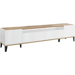 Alter Meuble TV de salon, Made in Italy, meuble TV avec 2 portes et 2 tiroirs, cm 200x40h47, blanc brillant et érable