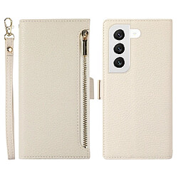 Etui en PU texture litchi, magnétique avec support, pochette à fermeture éclair et sangle pour votre Samsung Galaxy S22 5G - blanc