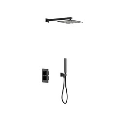 Vente-Unique Ensemble de douche encastrable avec mitigeur thermostatique et support mural fixe - Noir mat - TEREK