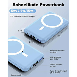 SANAG Batterie Externe Magsafe, Power Bank 10000Mah, Magnétique Sans Fil Charge Rapide Pd 22.5 W Avec Écran Led Usb-C Magsafe Batterie Pour Iphone 15/14/13/12/Pro/Pro (Bleu Clair)