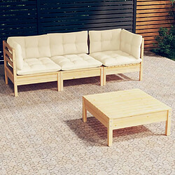 vidaXL Salon de jardin 4 pcs avec coussins crème Bois de pin