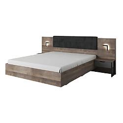 Avis Vente-Unique Lit avec chevets 160 x 200 cm - Avec LEDs - Coloris : Naturel et anthracite + Sommier + Matelas - LAONILE