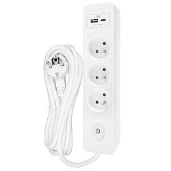 Null Multiprise SELDUR G3FU22B, 3 prises type E + interrupteur, USB A+C charge standard 12W, Blanc, câble 2m