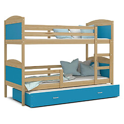 Acheter Kids Literie Lit Superposé 3 Places Mateo 90x190 Pin - bleu Livré avec sommiers, tiroir et matelas en mousse de 7cm