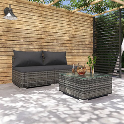 vidaXL Salon de jardin 3 pcs avec coussins Résine tressée Gris