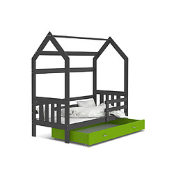 Kids Literie Lit Cabane 2 80x160 Gris - vert Livré avec sommiers, tiroir et matelas en mousse de 7cm