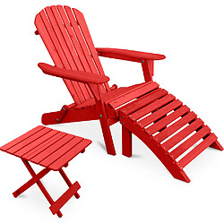 ICONIK INTERIOR Adirondack Table de jardin + Chaise longue + Repose-pieds en bois - Set - Alana Rouge