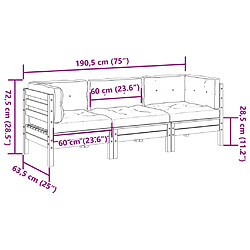 vidaXL Salon de jardin 3 pcs avec coussins cire marron bois pin massif pas cher