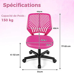 Helloshop26 Chaise de bureau pivotante enfants avec hauteur réglable 77-89 cm siège à roulettes avec dossier ergonomique & base à 5 étoiles charge 150 kg rose 20_0008081 pas cher