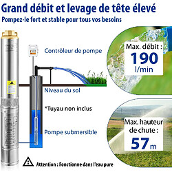 Pompe Immergée pour Puits 190 L /min 57 m Pompe à Eau pour Puits Profond en Acier Inox, Électrique 1100 W Submersible Automatique