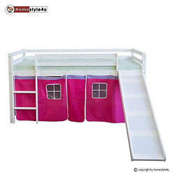 Homestyle4U Lit Simple Blanc 90x200 en hauteur avec echelle et rideau Rouge et Toboggan