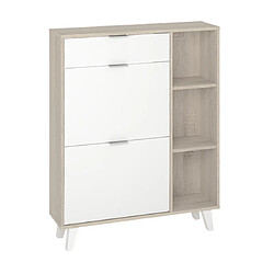 Pegane Commode Meuble à chaussures coloris chêne clair / blanc - Longueur 90 x Hauteur 112 x Profondeur 24.5 cm