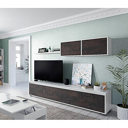 Alter Meuble TV de salon avec quatre portes, avec élément mural et étagère, marron foncé et blanc brillant, dimensions du meuble TV 200 x 43 x 41 cm Élément mural 105 x 35 x 29 cm Etagère 95 x 3 x 21 cm