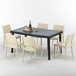 Grand Soleil Table rectangulaire et 6 chaises Poly rotin colorées 150x90cm noir Enjoy, Chaises Modèle: Paris Beige ivoire