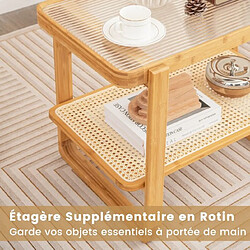 Helloshop26 Table d'appoint en bambou à 2 niveaux plateau en verre table de chevet table basse compacte pour chambre salon naturel 20_0005205