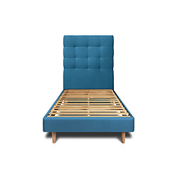 Sommeil de plomb Lit 90x200cm avec tête de lit capitonnée velours et sommier kit Bleu - Hauteur totale : 29cm