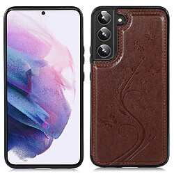 Coque en TPU + PU motif fleur, deux boutons magnétiques avec béquille et porte-cartes marron pour votre Samsung Galaxy S22 5G