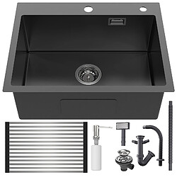 AURALUM MAX Évier Cuisine Noir 58*45*18CM,Lavabo Cuisine 1 Bac avec Égouttoir Enroulable et Distributeur de Savon,Inox, Montage à Encastrer/ à Fleur