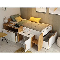 Vente-Unique Lit combiné 90 x 200 cm avec bureau et rangements - Coloris : Blanc et naturel - PEDRO