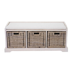 Mendler Banc / banquette Bienne, boîte de rangement, 3 paniers, treillis en rotin kubu, 112x46x37cm ~ blanc