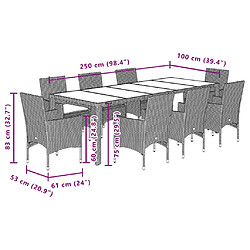 vidaXL Ensemble à manger de jardin et coussins 9 pcs noir rotin verre pas cher