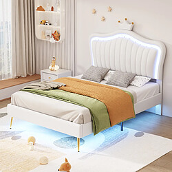 Avis KOMHTOM Lit Simple Capitonné 90 X 200 cm - Cadre De Lit Couronne Blanche - En Cuir Pu Avec LED - Sommier À Lattes et Dossier - Sans Matelas