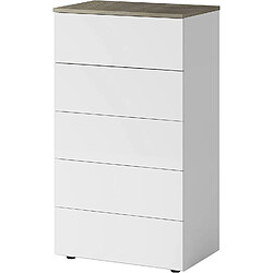 Pegane Commode avec 5 Tiroirs coloris blanc artic / Alaska chêne à nœuds - Hauteur 109 x Longueur 61 x Profondeur 40 cm