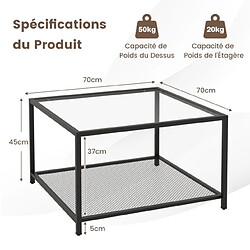 Helloshop26 Basse carrée en verre trempé 2 niveaux étagère en maille cadre en métal coussinets de pieds réglables gris et noir 20_0007873