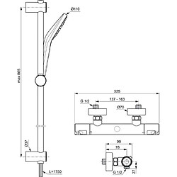 Ideal Ensemble de douche thermostatique - CERATHERM T50 - barre 90 cm et douchette ronde Ø11 cm 3J - Chrome