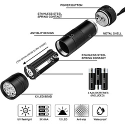 BESTA Lampe torche UV lumière noire Lot de 5 lampes UV avec 12 LED 395 nm Détecteur d'urine pour animaux de compagnie Lampe à main UV pour les taches d'urine séchées de chiens et de chats (comprend 15 piles AAA)