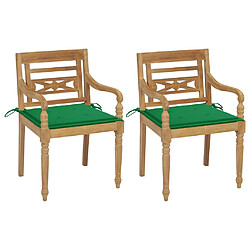 vidaXL Chaises Batavia lot de 2 et coussins verts Bois de teck massif