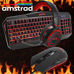 Amstrad Pack Pro Gamer Redemption 5 pièces: Clavier, Souris & Tapis, Casque & Adaptateur. Retro-éclairage Rouge. AZERTY & USB pas cher